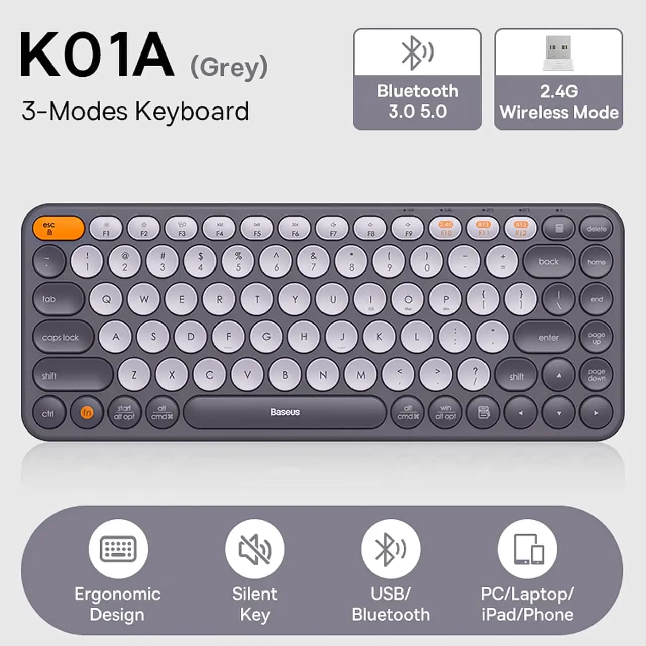 کیبورد سه حالته بی‌سیم بیسوس مدل K01A — تصویر ۵