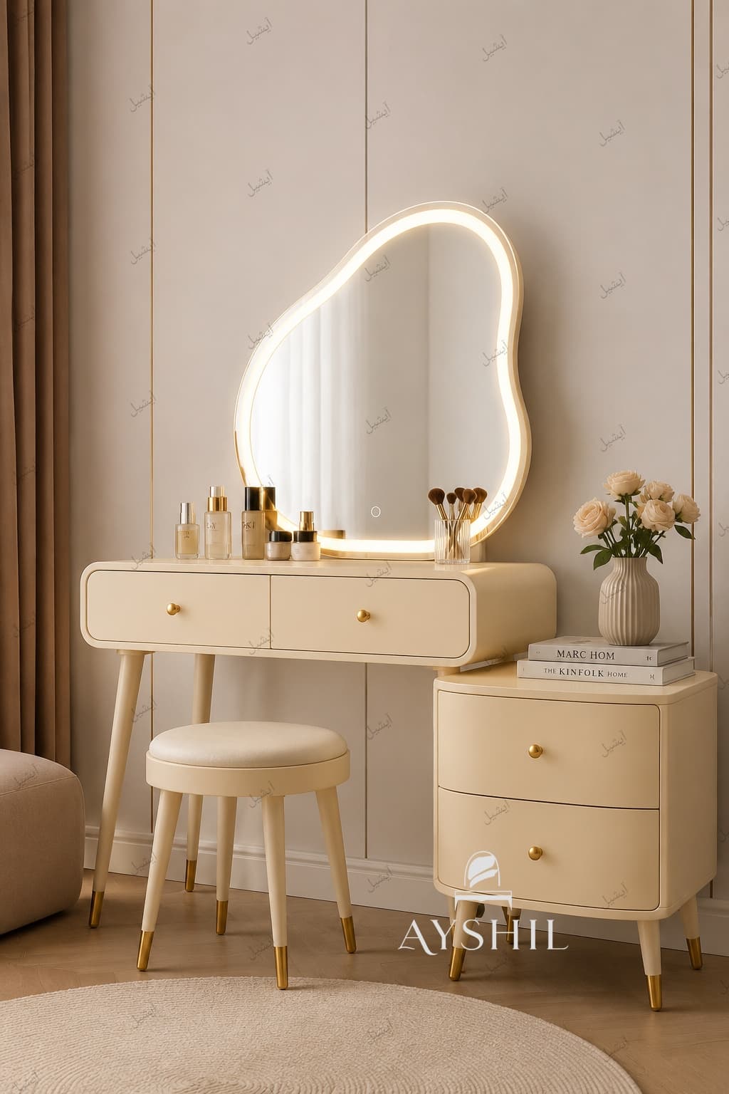 میز آرایش لوکس مدل پرادا آیشیل با آینه LED و فایل جانبی | انتخابی خاص برای اتاق خواب مدرن
