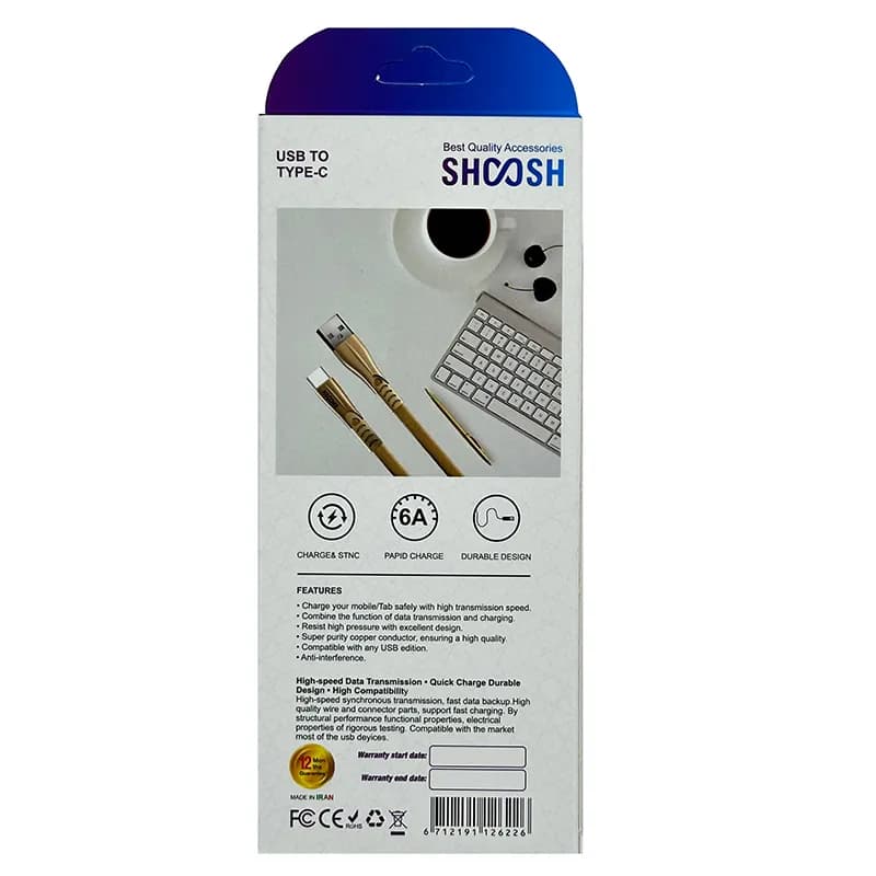کابل شارژ تایپ سی SH130C برند SHOOSH — تصویر ۲