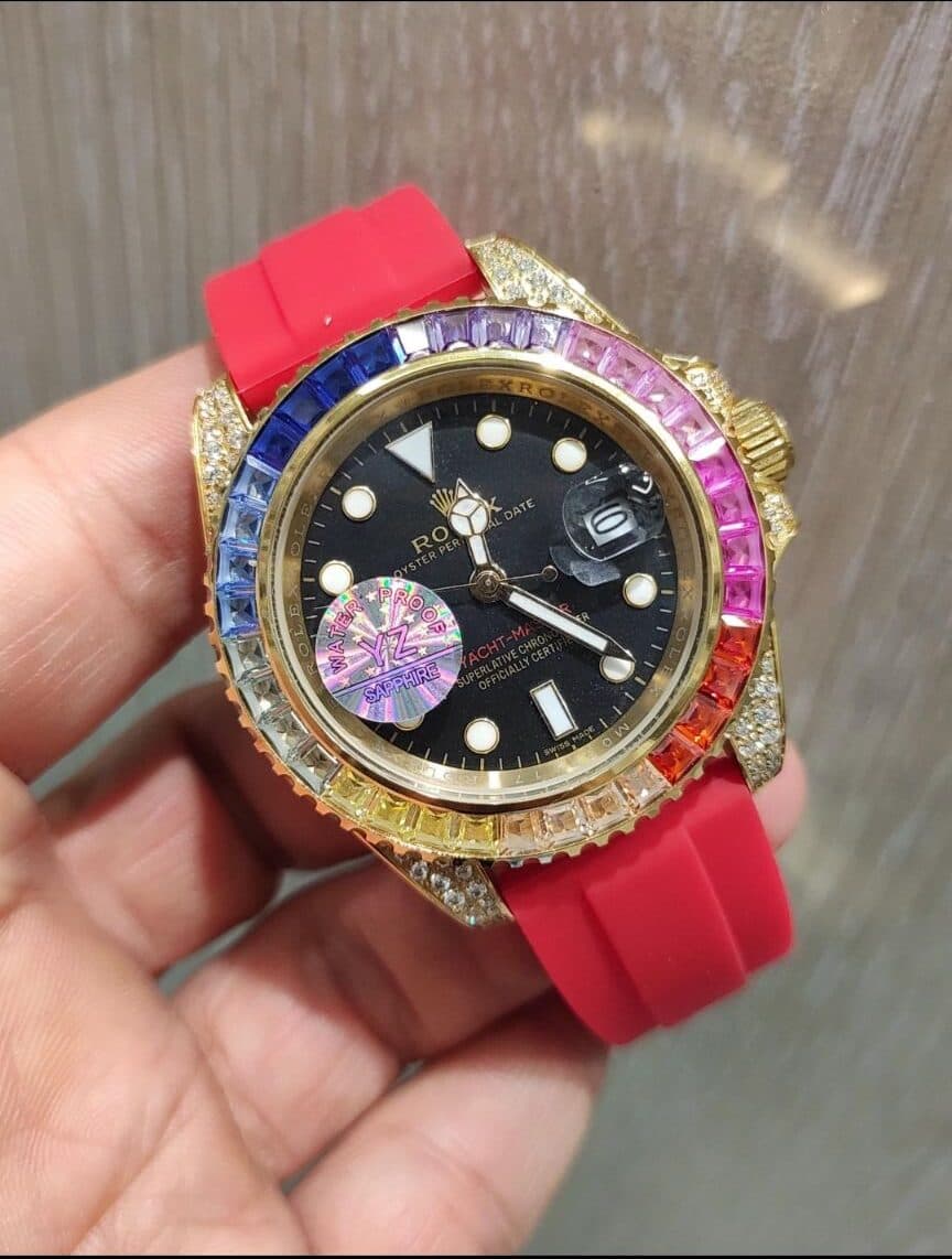 ساعت مچی مردانه فول نگین طلایی صفحه مشکی رولکس Rolex Gmt Master