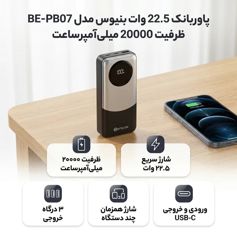 پاوربانک 22.5 وات بنیوس مدل BE-PB07 ظرفیت 20000 میلی‌آمپرساعت — تصویر ۵