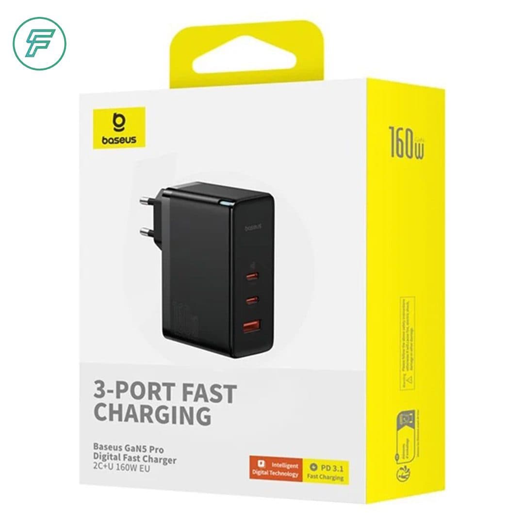 شارژر دیواری سه پورت باسئوس مدل GaN5 Pro 2C+U توان 160 وات همراه با کابل — تصویر ۴