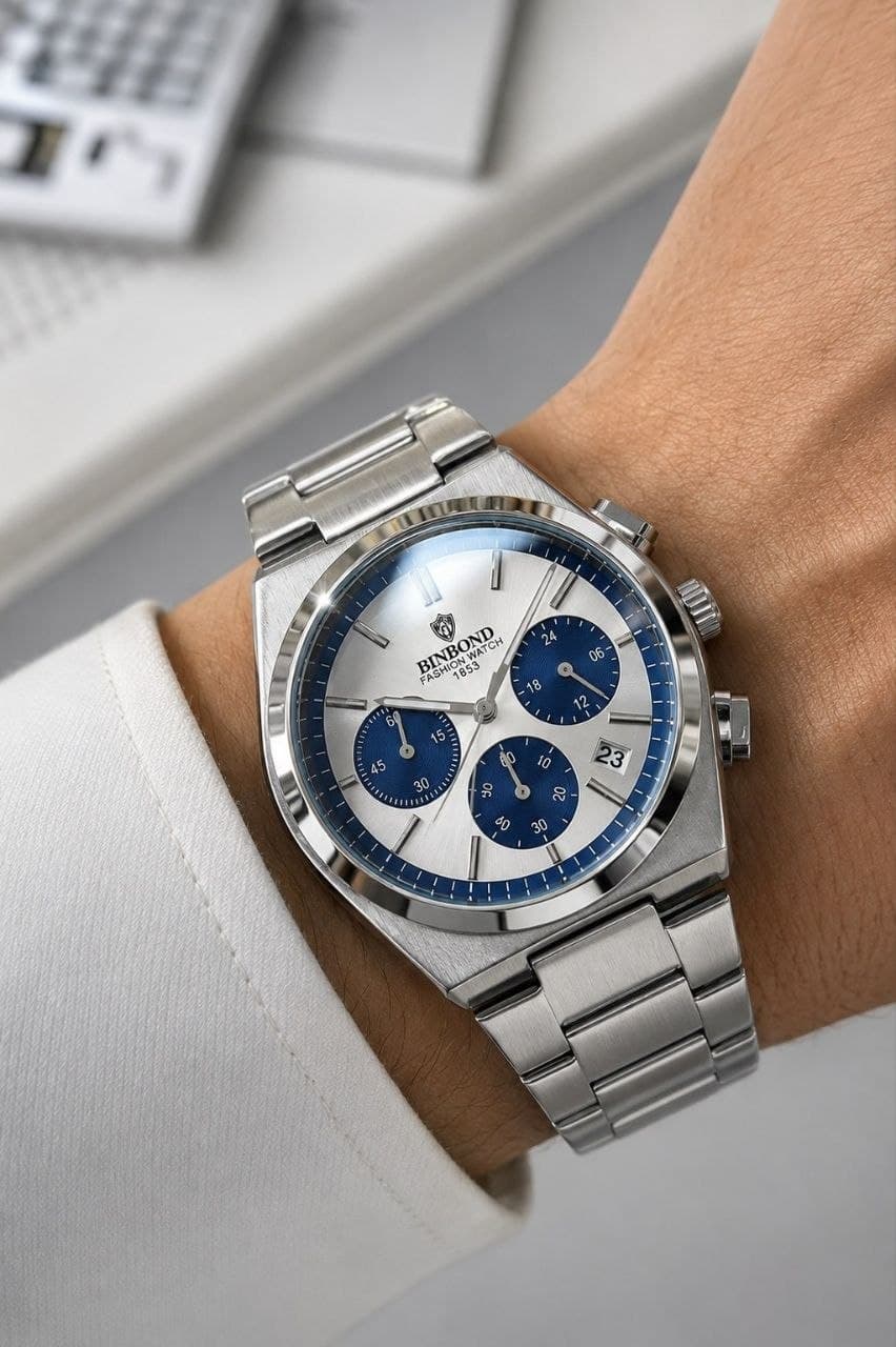 ساعت مچی مردانه ☑️BIN BOND 《highe quality》 🫆Original watch ⌚️بین باند مدلی نو مردونه پرطرفدار مقاوم دربرابر آب برندشرکتی اوریجینال شب نما کرنوگراف دارای روز شمار بند استیل فولاد شیشه سافایر