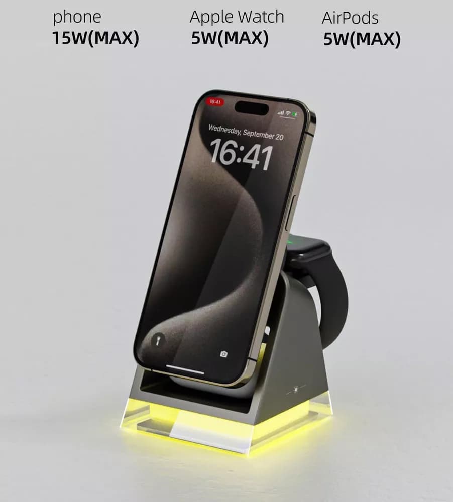 شارژر ۳ کاره رومیزی لاکچری VyVyLabs | شارژ سریع ۱۵ وات، طراحی مغناطیسی، چراغ LED با تنظیم روشنایی – مناسب موبایل، ایرپاد و اپل واچ — تصویر ۶