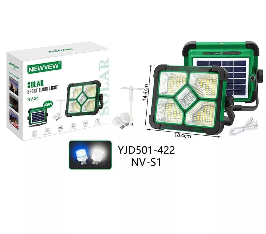 پروژکتور LED شارژی خورشیدی 200 وات NEWVEW مدل NV-S1 | چراغ اسپات لایت خورشیدی با فلاشر قرمز و آبی، خروجی USB، IP66