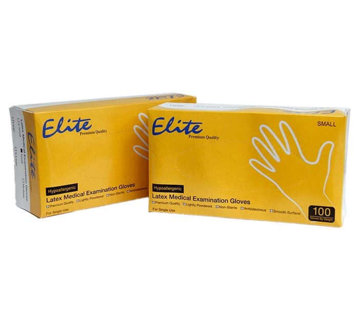 دستکش لاتکس 100 عددی Elite کم پودر (قیمت تک 160000 تومان قیمت عمده 130000 تومان قیمت عمده نسبت به سایز بندی متغیر است)