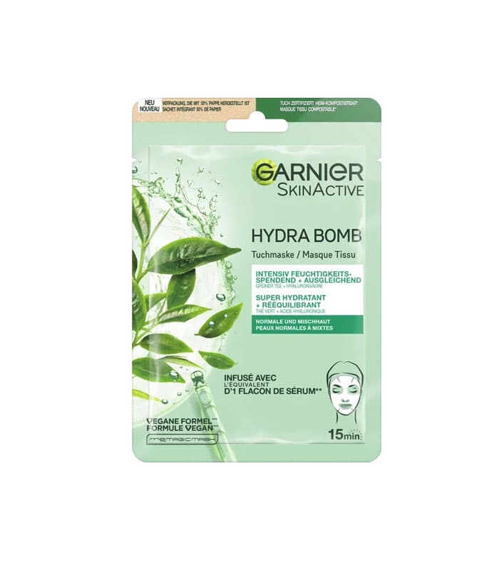 ماسک ورقه‌ای گارنیر Hydra Bomb چای سبز و هیالورونیک اسید