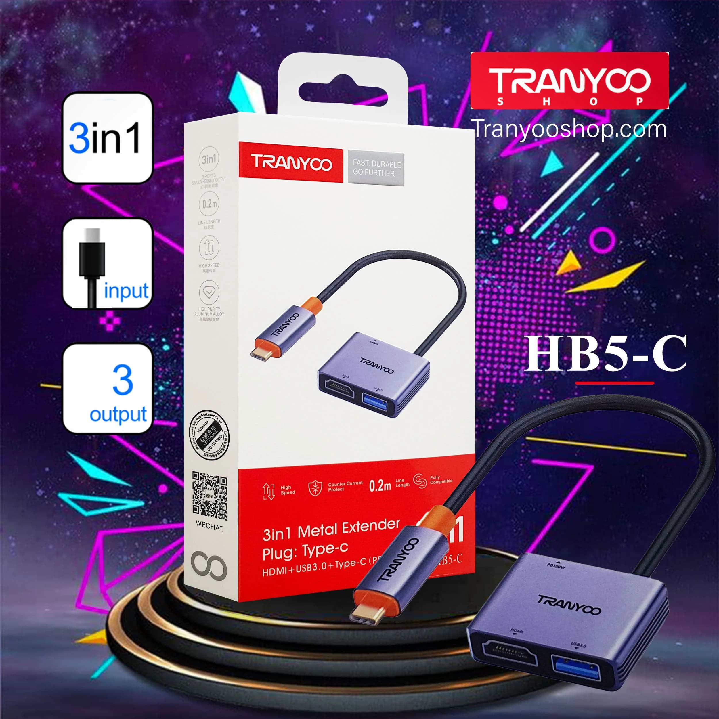 هاب 3 پورت Type-C ترانیو مدل HB5-C(انتقال تصویر گوشی به تلویزیون)
