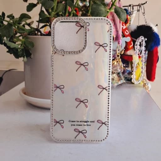 قاب گوشی Iphone 16 Pro Max آیفون CEA Bear ماربل لوکس لنز Silver ایربگ دار طرح پاپیون رنگ صورتی — تصویر ۲