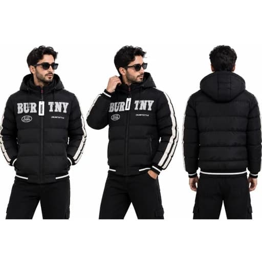 کاپشن مردانه باکسی مشکی کلاهدار طرح BUR TNY استایل استریت