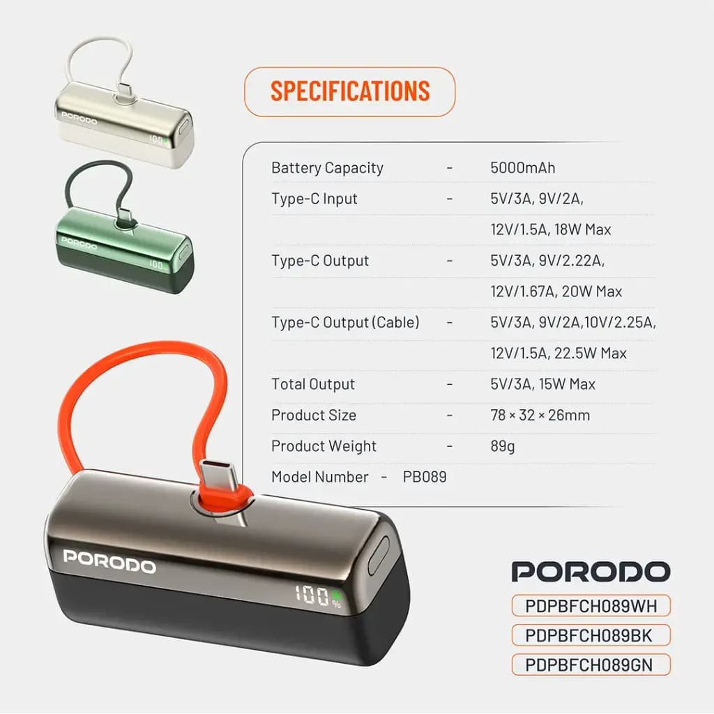پاوربانک پرودو Porodo Pocket volt 10000mAh PDPBFCH090 گارانتی رسمی 6 ماهه گجت — تصویر ۴
