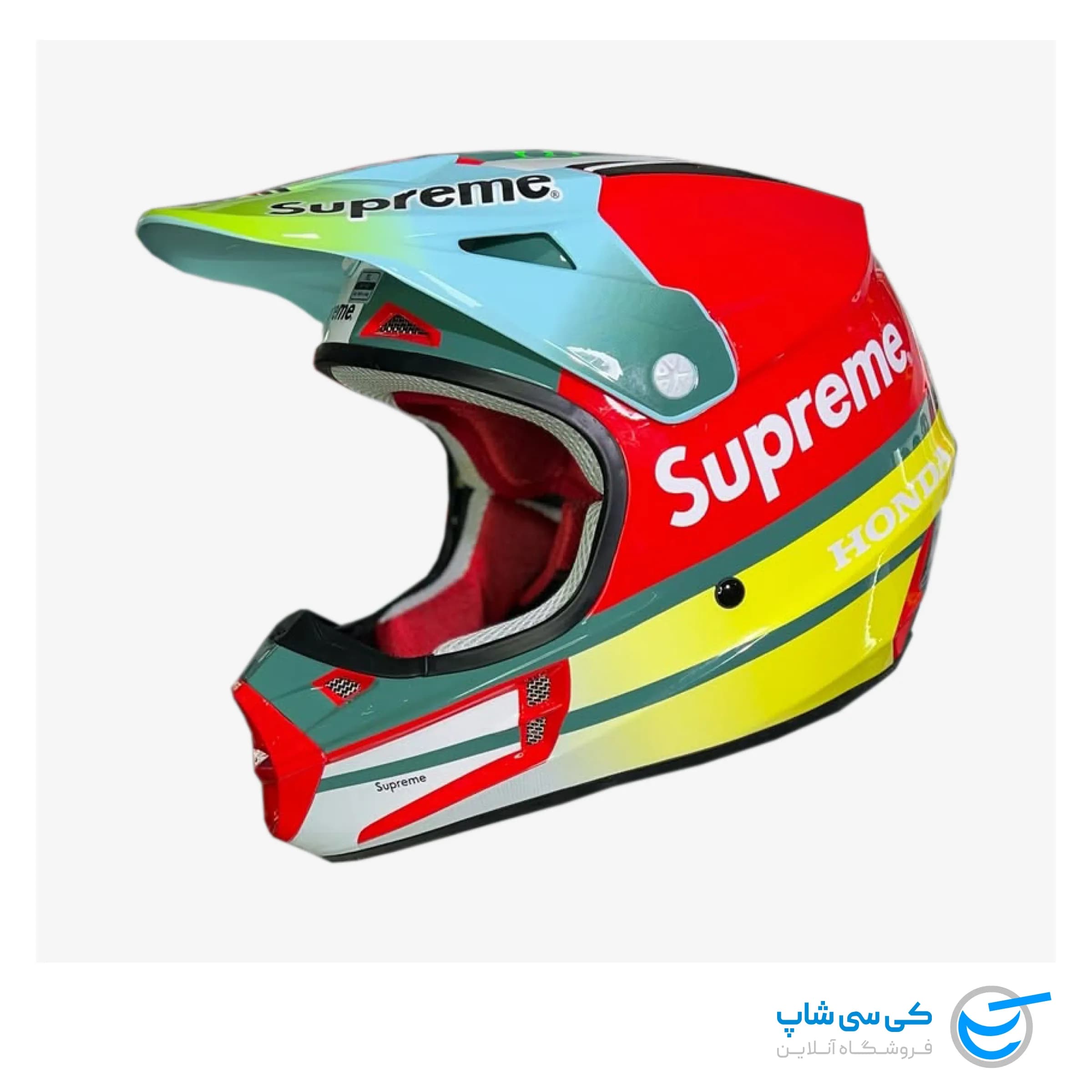 کلاه موتورکراس فاکس V1 طرح Supreme & Honda – رنگ قرمز و سبز زیتونی