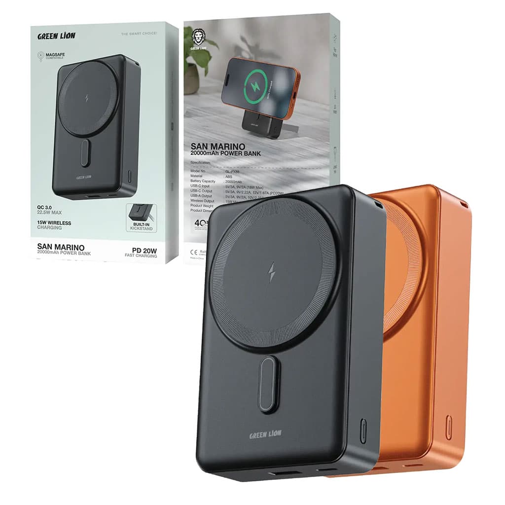 پاور بانک 20000mAh فست+وایرلس گرین لاین مدل سن مارینو Green Lion San Marino 20000mAh Power Bank