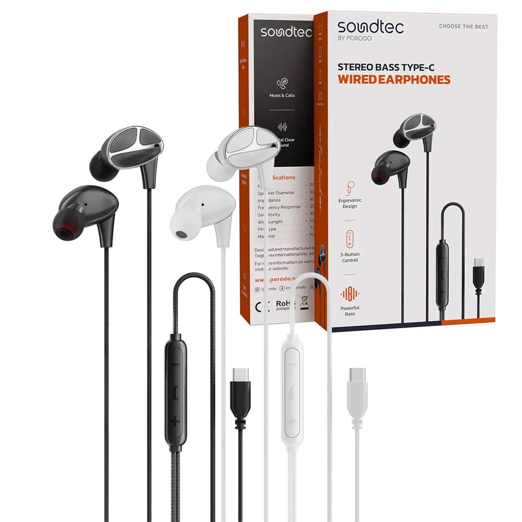 هدفون سیمدار میکروفن دار سوکت Type-C پرودو مدل Porodo Soundtec Stereo Bass Type-C PD3BWEC12