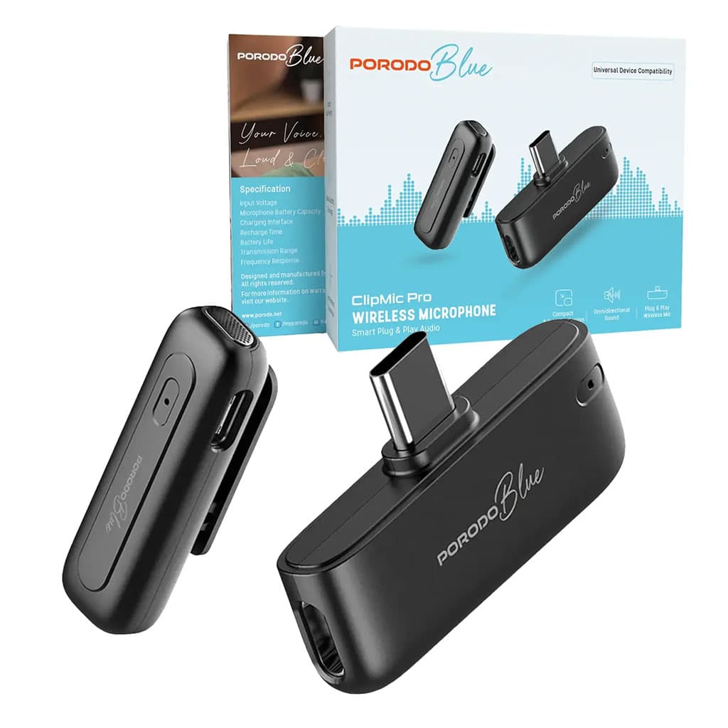 میکروفن یقه ای دو عددی بدون کیس پرودو مدل پروفشنال Porodo Blue Professional Dual Wireless Microphone