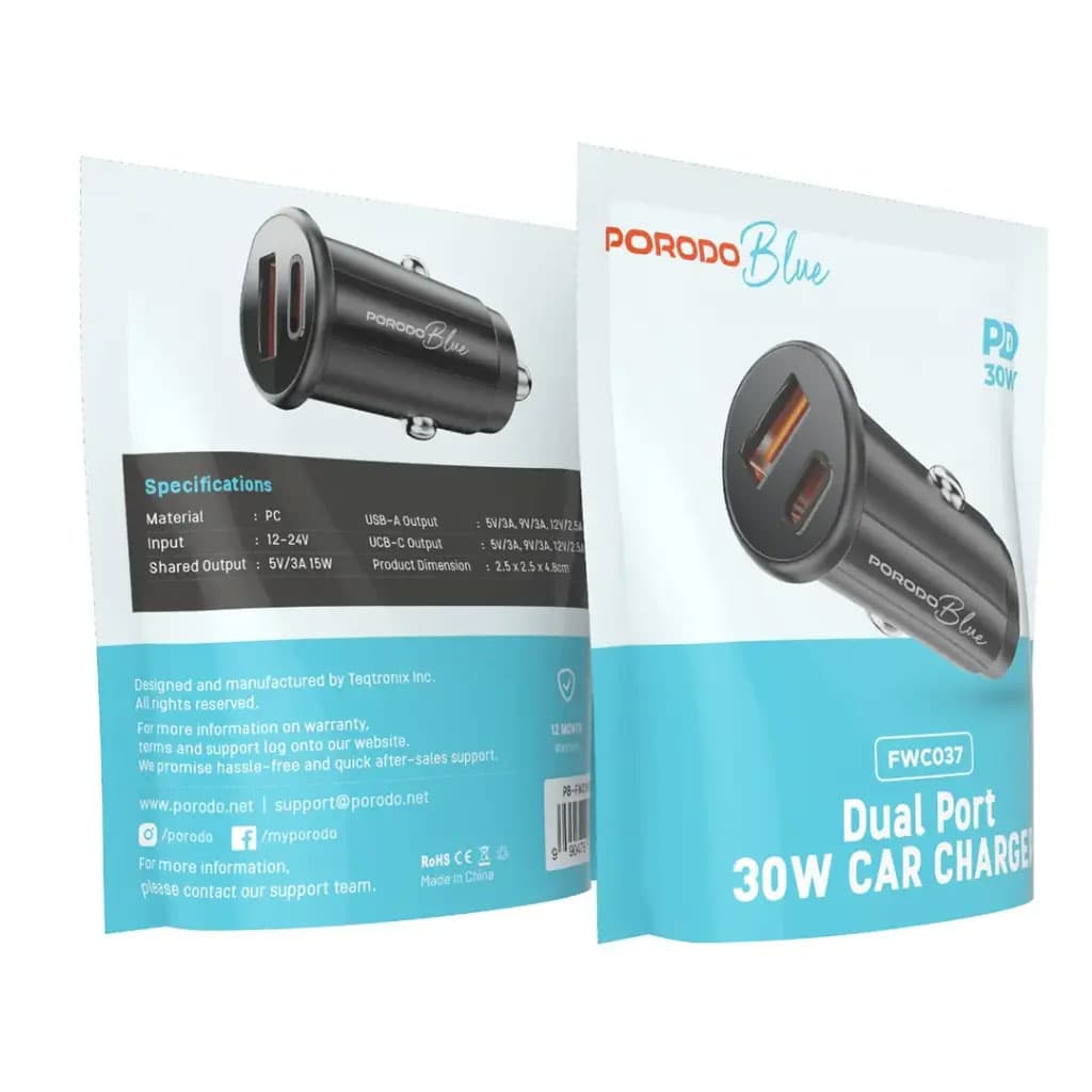 شارژر فندکی 36 وات 2 پورت 1 پورت PD پرودو مدل Porodo Blue Dual Port 36W Car Charger PBFWC037 — تصویر ۳