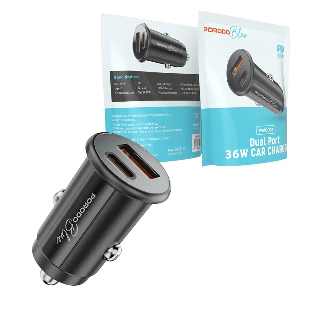 شارژر فندکی 36 وات 2 پورت 1 پورت PD پرودو مدل Porodo Blue Dual Port 36W Car Charger PBFWC037