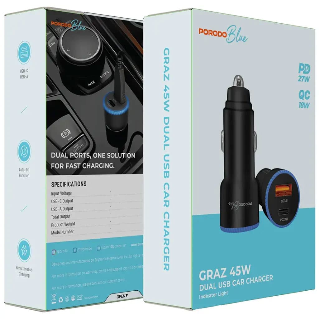 شارژر فندکی 45 وات 2 پورت 1 پورت PD پرودو مدل گراز Porodo Blue Graz 45W Dual USB Car Charger — تصویر ۴