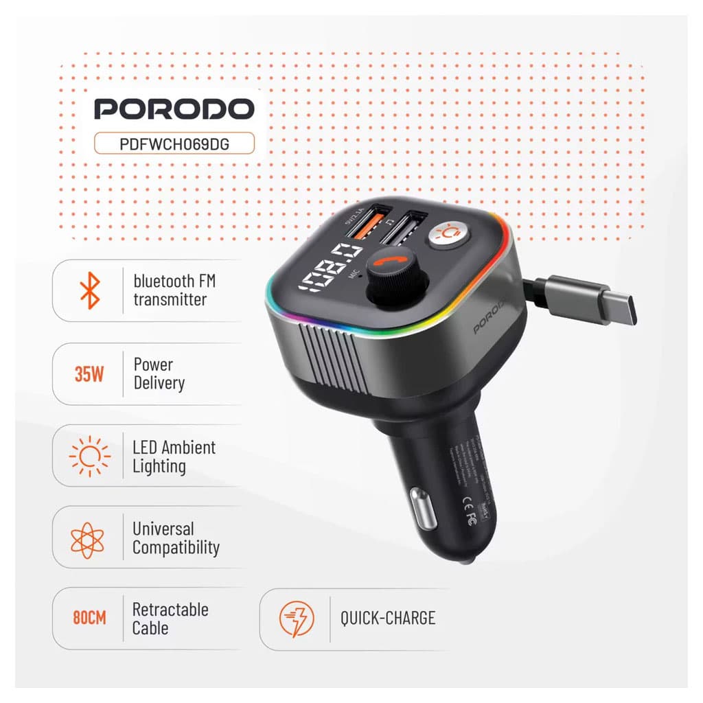 شارژر و FM پلیر پرودو مدل Porodo Audio Boost Bluetooth FM Transmitter FWC069 — تصویر ۵