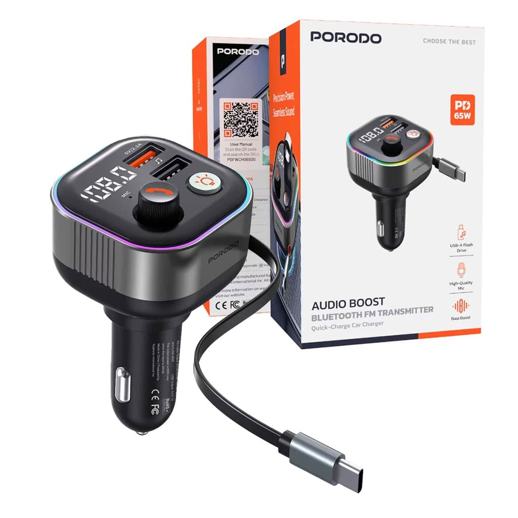 شارژر و FM پلیر پرودو مدل Porodo Audio Boost Bluetooth FM Transmitter FWC069