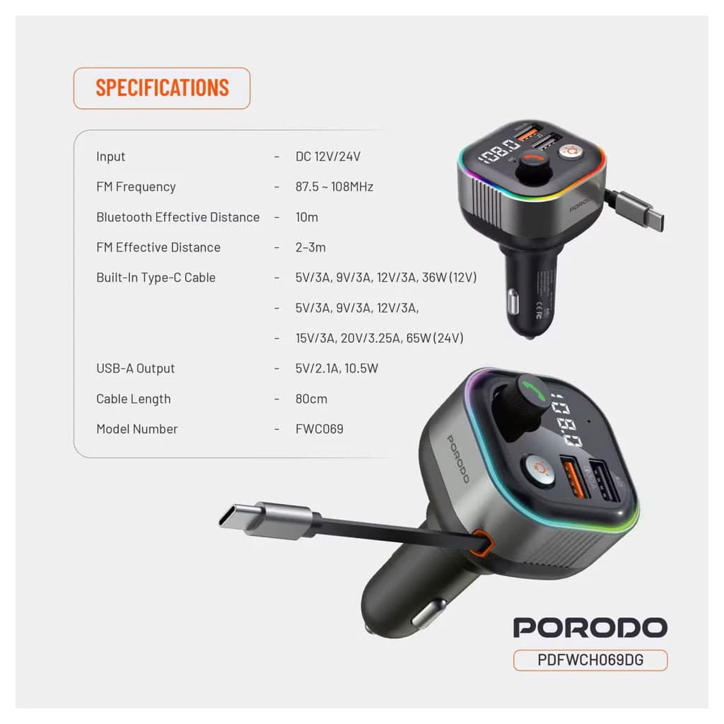 شارژر و FM پلیر پرودو مدل Porodo Audio Boost Bluetooth FM Transmitter FWC069 — تصویر ۴