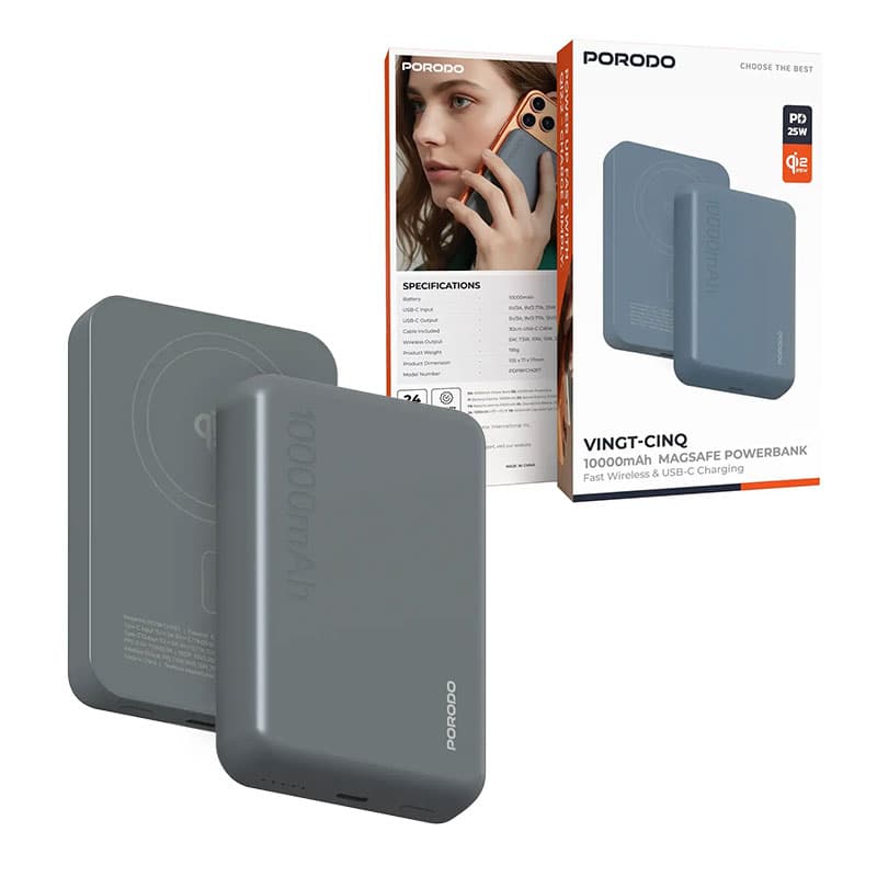 پاوربانک 10000mAhفست+وایرلس پرودو مدل وینت سینک Porodo Vingt-Cinq 10000mAh MagSafe Power Bank 25W