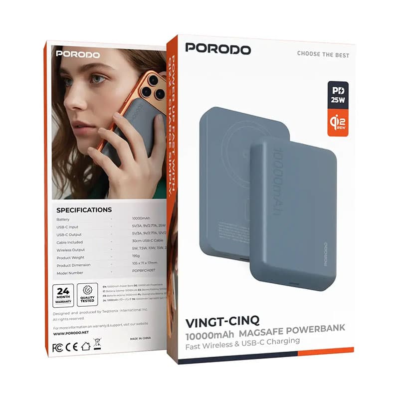 پاوربانک 10000mAhفست+وایرلس پرودو مدل وینت سینک Porodo Vingt-Cinq 10000mAh MagSafe Power Bank 25W — تصویر ۴