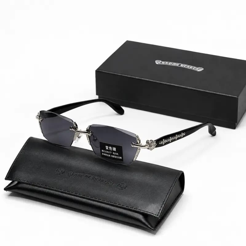 عینک فریم‌لس کروم هارتز Chrome Hearts مدل چندضلعی با عدسی هوشمند فتوکرومیک | مناسب زنانه و مردانه
