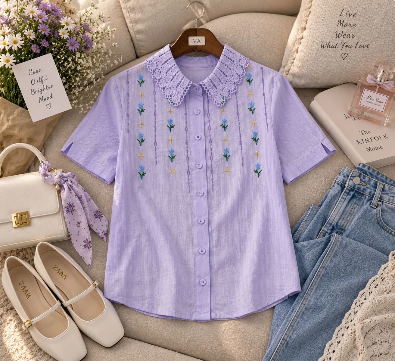 شومیز گلدوزی یقه گیپور تینیجر | سفید و یاسی — تصویر ۵
