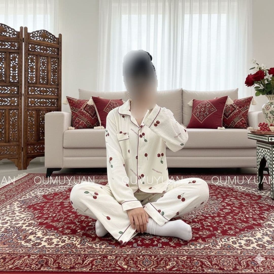 ست راحتی زنانه نخی طرح آلبالو | پیراهن و شلوار دکمهدار زنانه و دخترانه