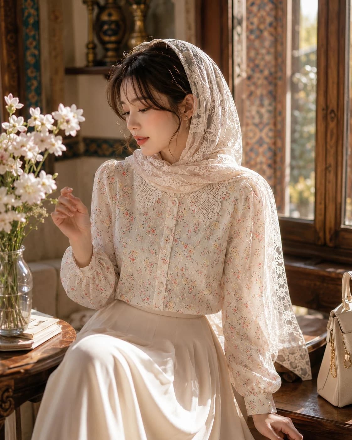شومیز زنانه گلدار نخی یقه گیپور | مدل بهار رز ،زنانه و دخترانه — تصویر ۵