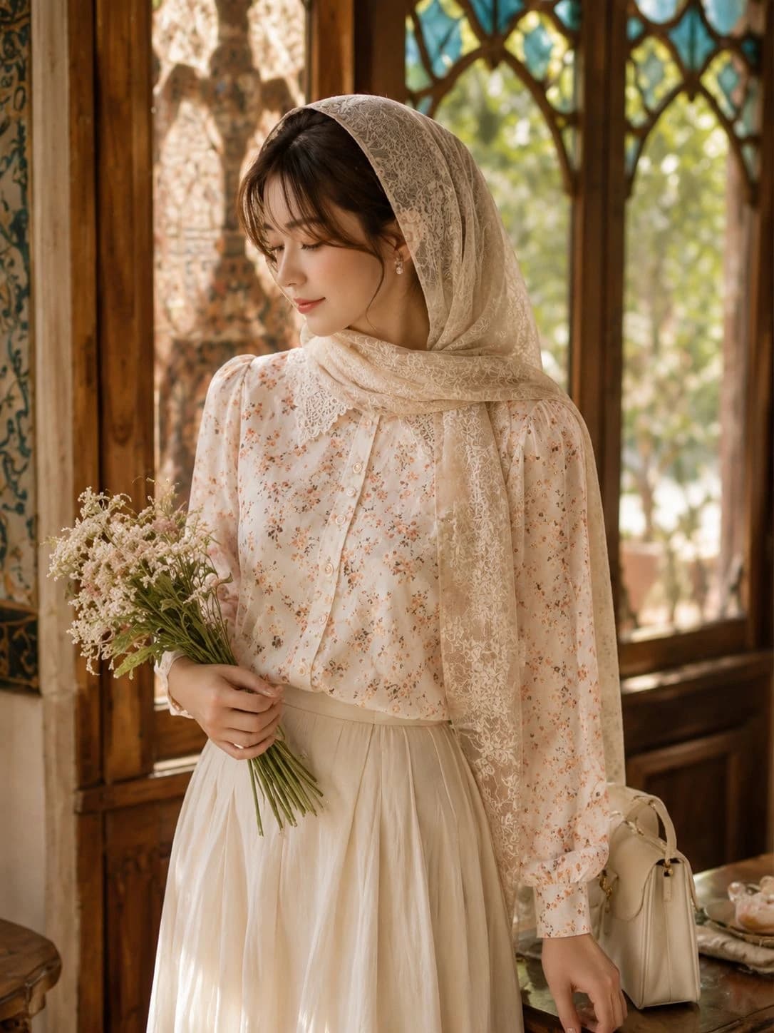 شومیز زنانه گلدار نخی یقه گیپور | مدل بهار رز ،زنانه و دخترانه — تصویر ۷