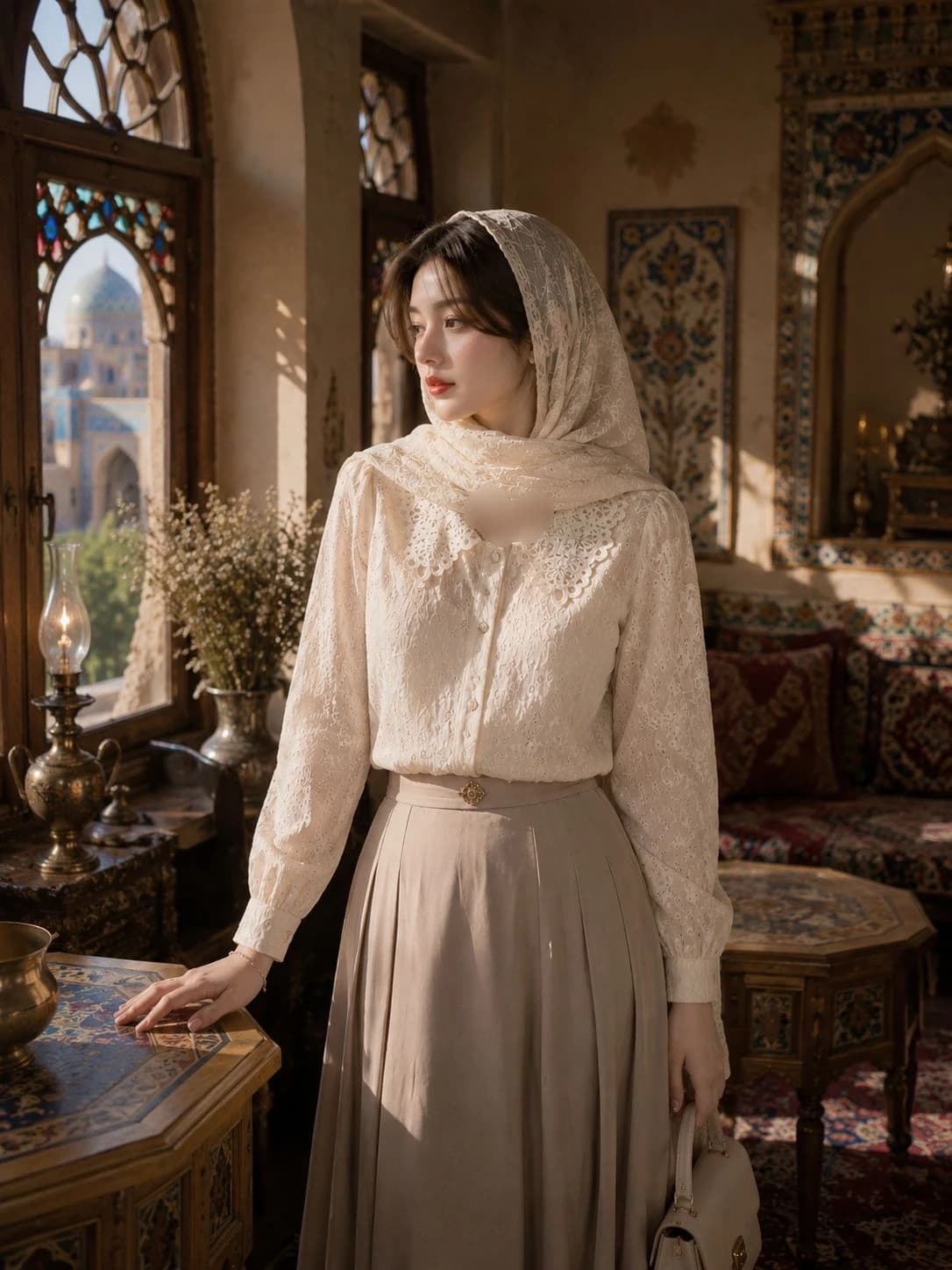شومیز زنانه نخی گیپور یقه دانتل، زنانه و دخترانه