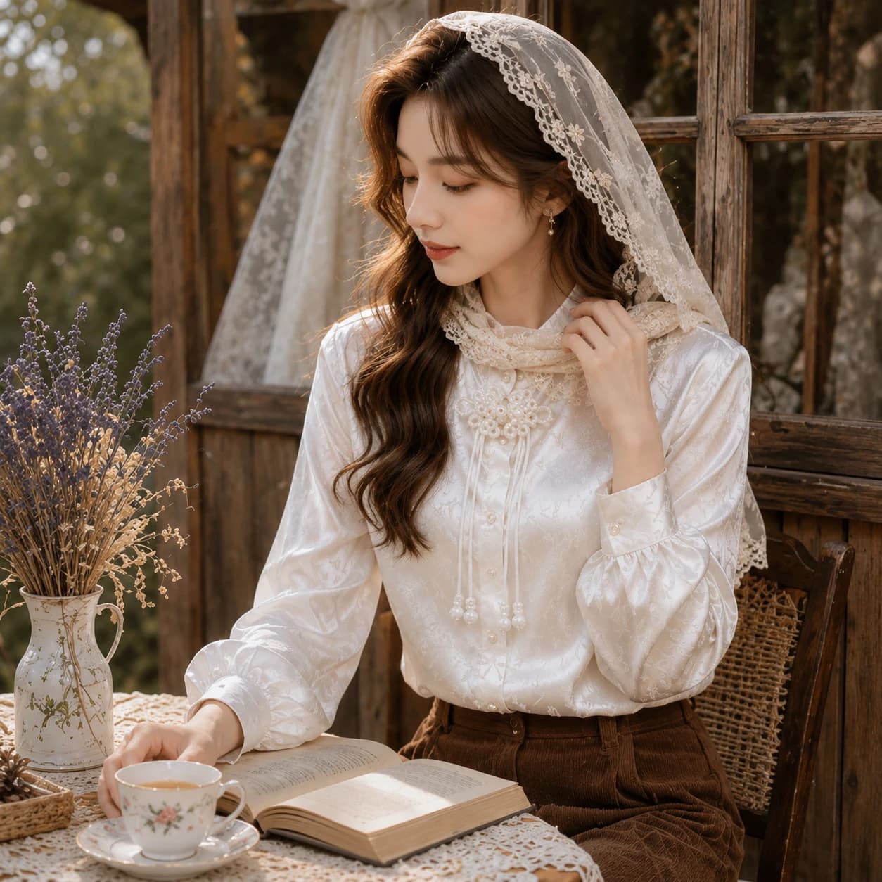 شومیز ژاکارد ساتن مرواریدی یقه ایستاده – مدل Royal Pearl زنانه و دخترانه — تصویر ۵