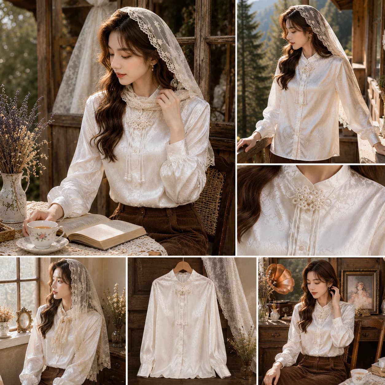 شومیز ژاکارد ساتن مرواریدی یقه ایستاده – مدل Royal Pearl زنانه و دخترانه — تصویر ۷