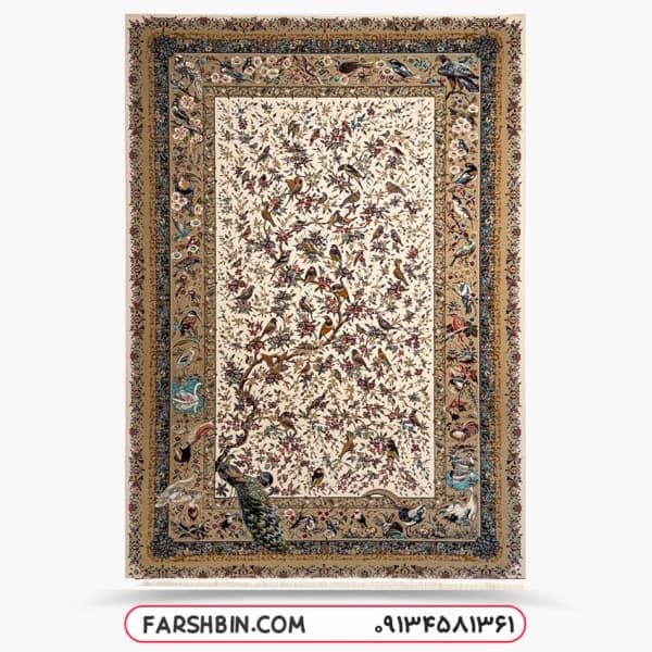 فرش طرح باغ پرندگان 1500 شانه افشان بوم کرم کد 7516