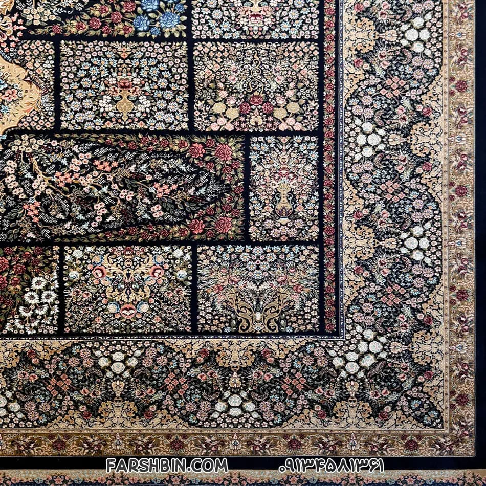 فرش سرمه ای طرح خشتی 1500 شانه طلاکوب کد 7507 — تصویر ۲