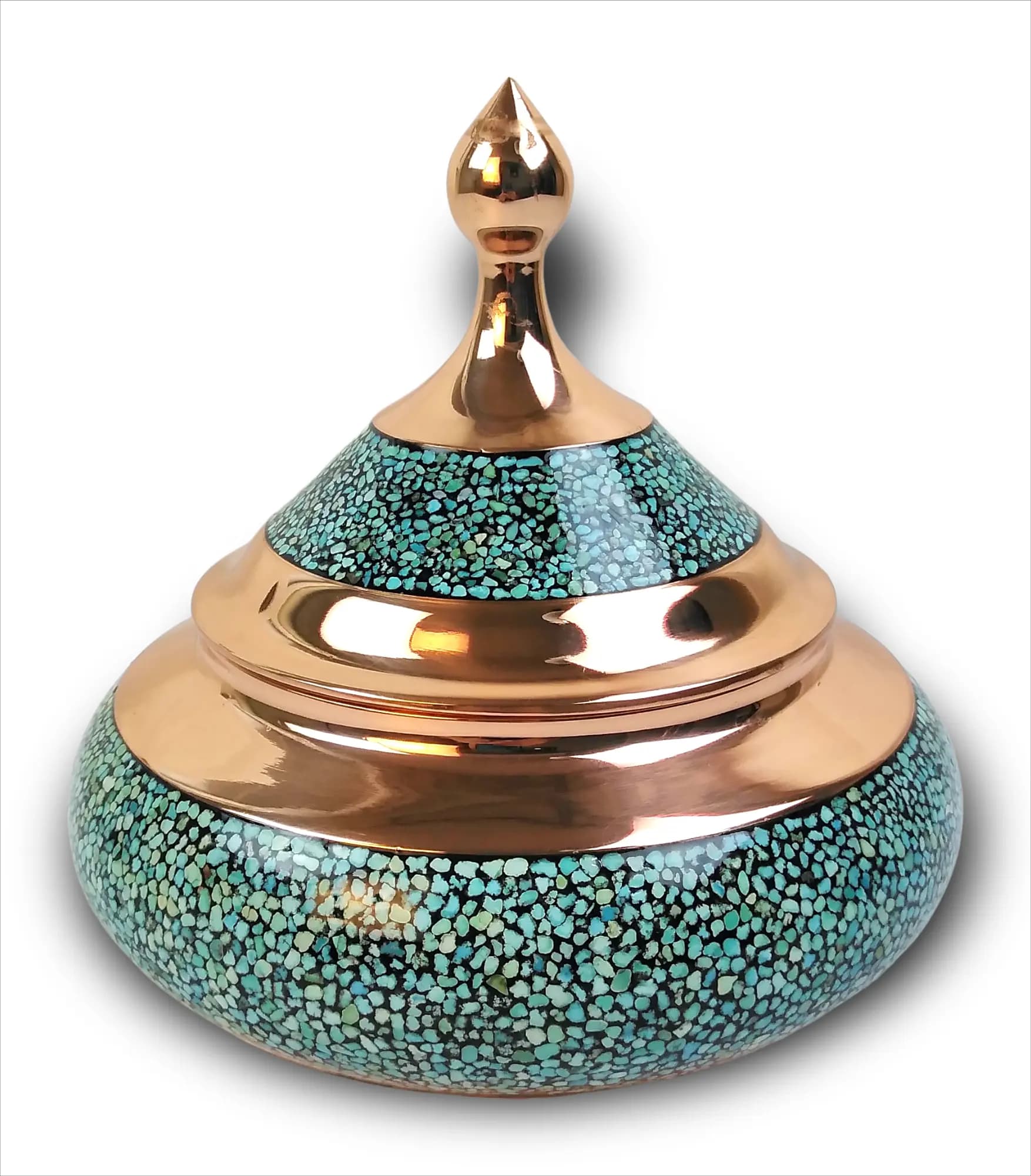 قندان سفینه ای یا شکلات خوری مس و فیروزه کوب(سایز 25) — تصویر ۲