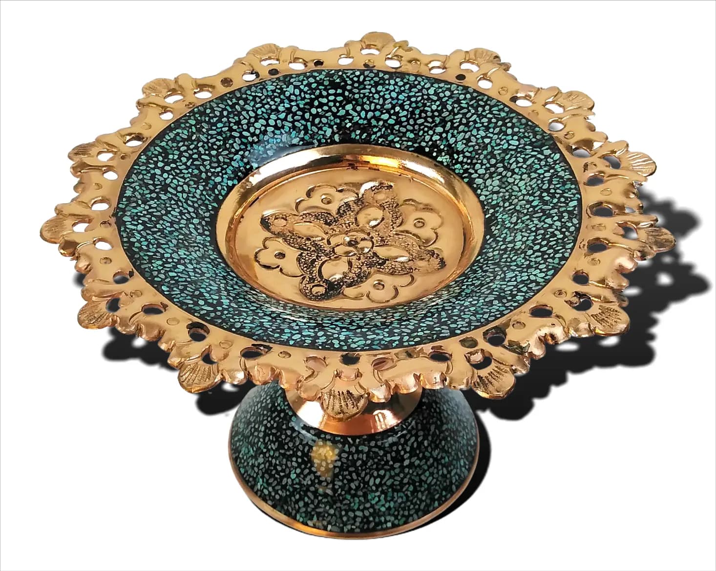 شیرینی خوری مس و فیروزه کوب پایه دار(ارتفاع 20 قطر 20 س)