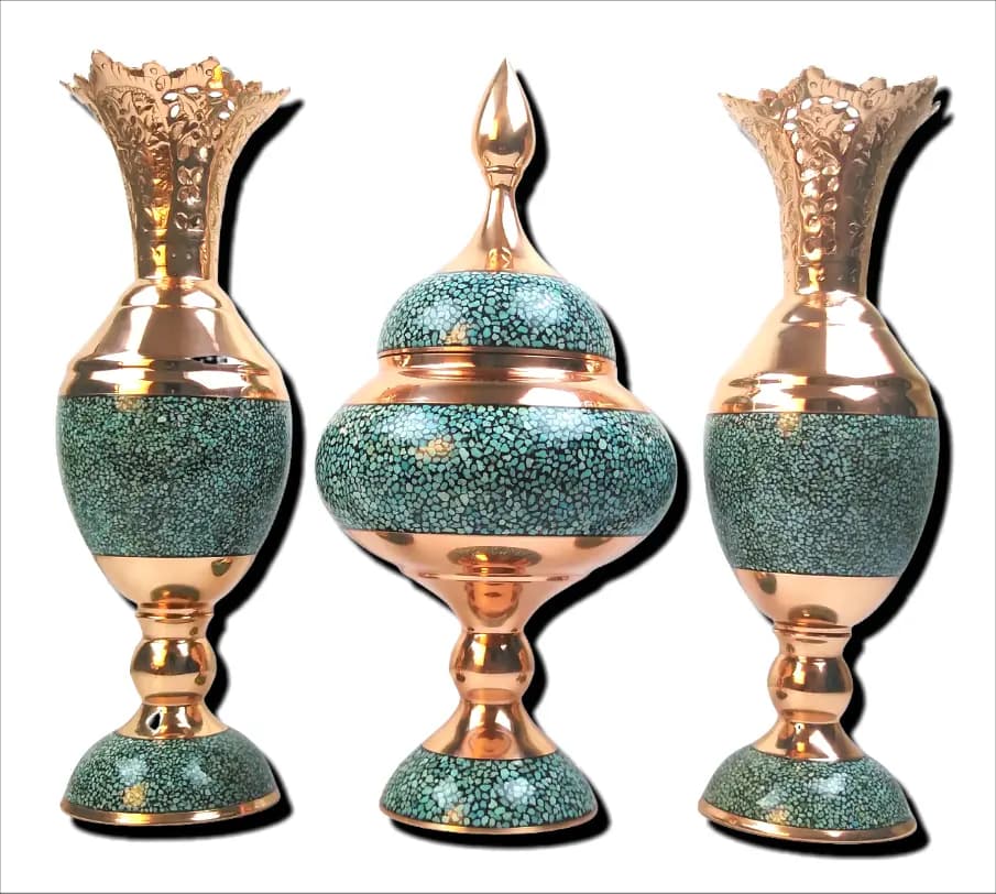 ست شکلات خوری و سنبلدان مس و فیروزه(ارتفاع 32س)