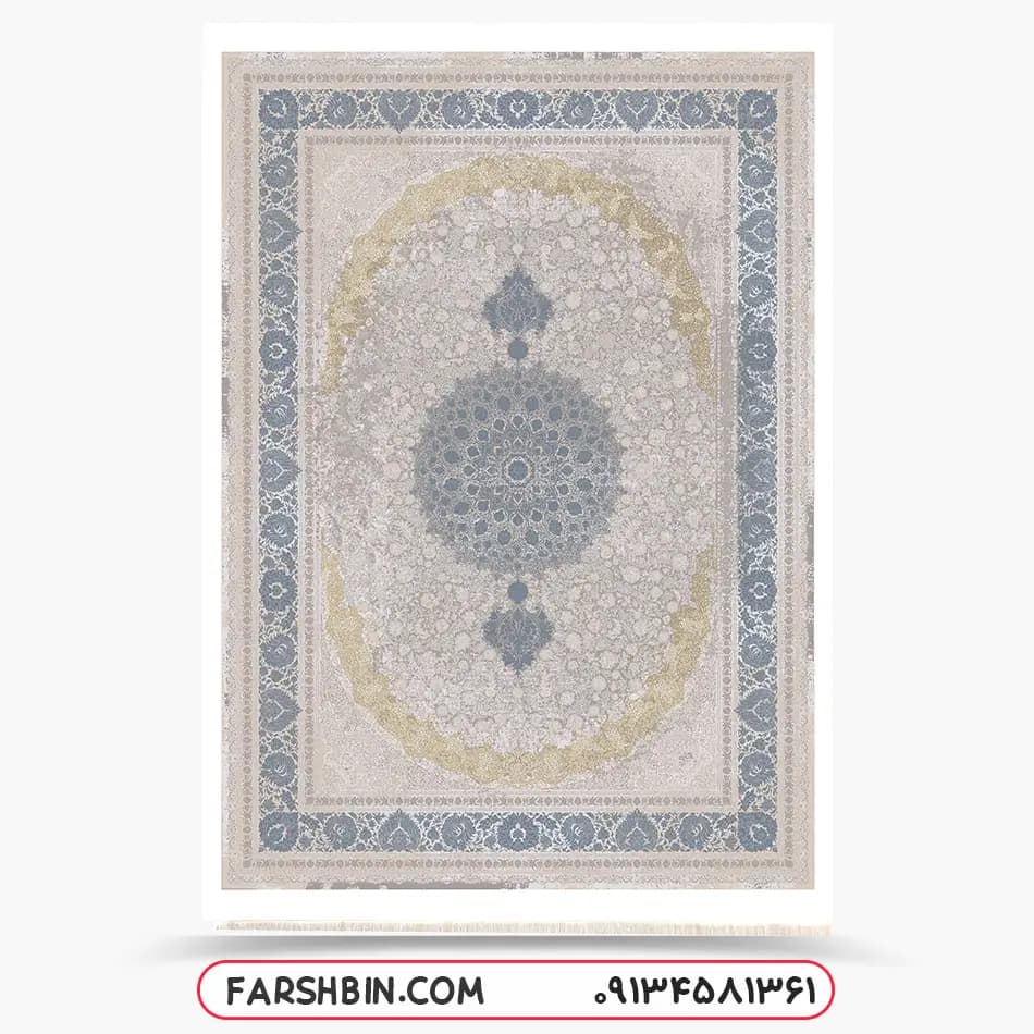 فرش 1200 شانه طوسی آبی طرح وینتیج طلاکوب کد h60