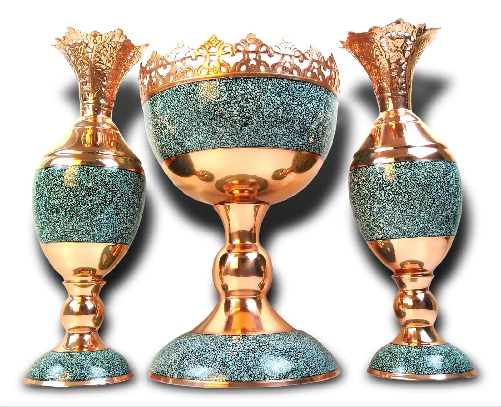 ست سنبلدان و آجیل خوری مس و فیروزه کوب (ارتفاع 36س) — تصویر ۲