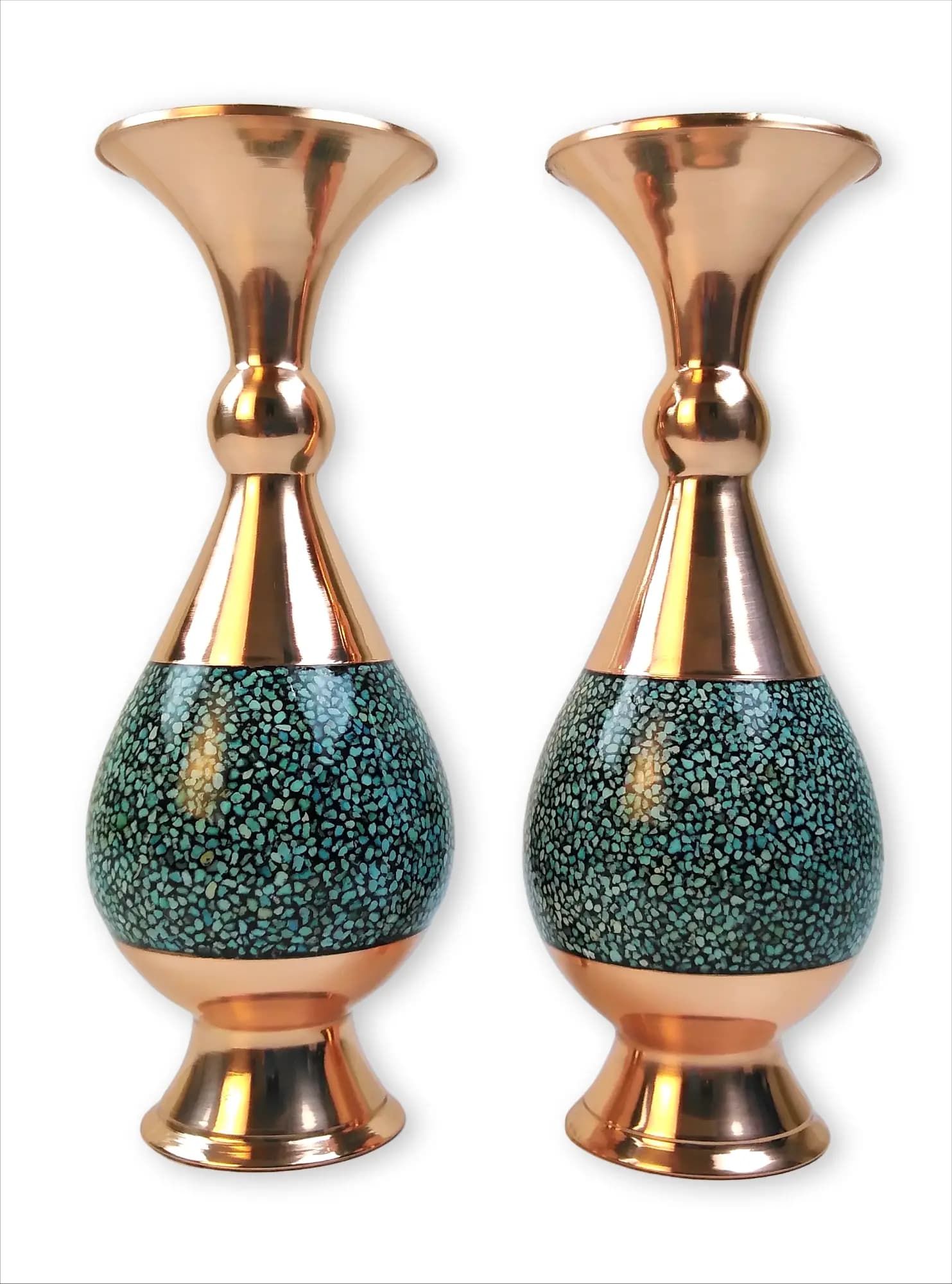 جفت گلدان مس و فیروزه کوبی (ارتفاع 20 سانتی متر 2عددی)