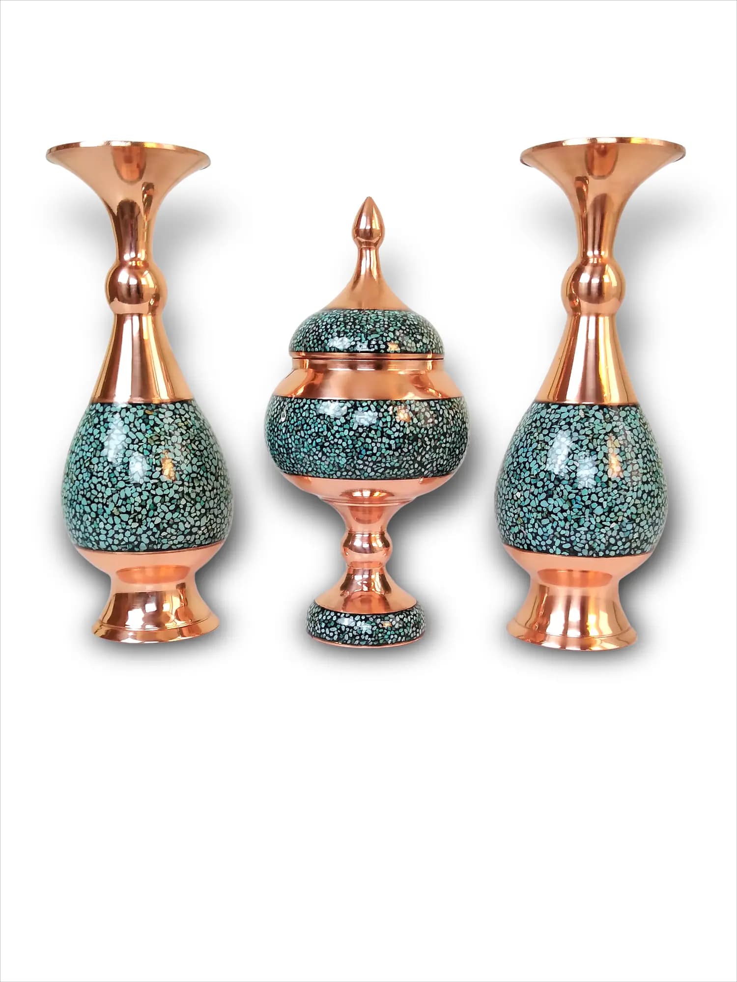 ست گلدان و شکلات خوری مس و فیروزه (ارتفاع 20 س)