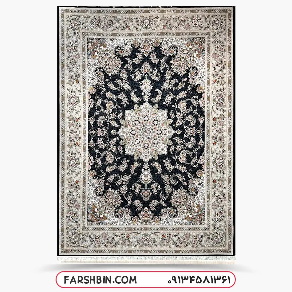 فرش سرمه ای جدید کاشان طرح جواهر 1200 شانه تراکم 3600