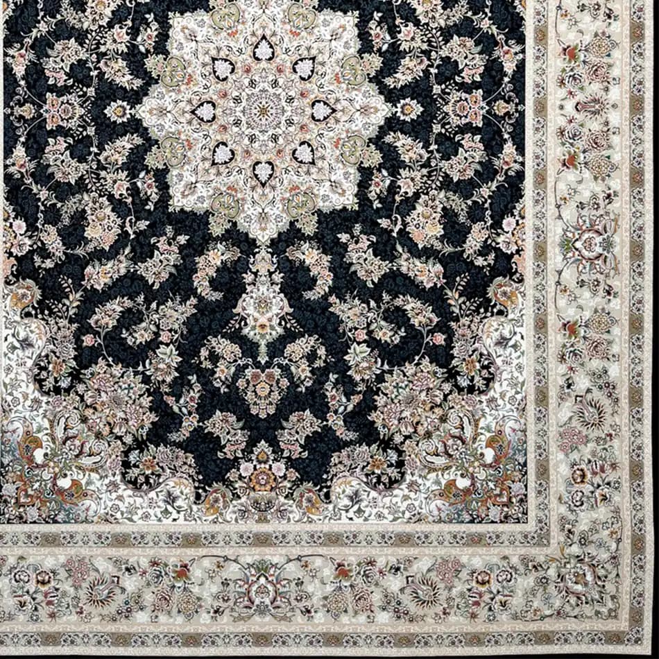 فرش سرمه ای جدید کاشان طرح جواهر 1200 شانه تراکم 3600 — تصویر ۳