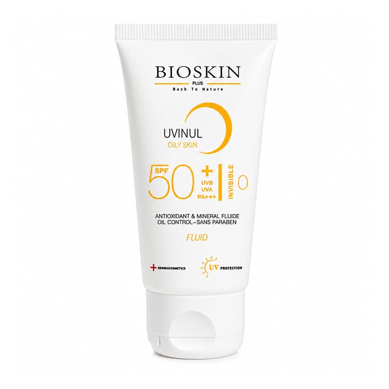 کرم ضد آفتاب SPF50 بی رنگ پوست چرب و مختلط بایو اسکین پلاس حجم 40 میلی لیتر