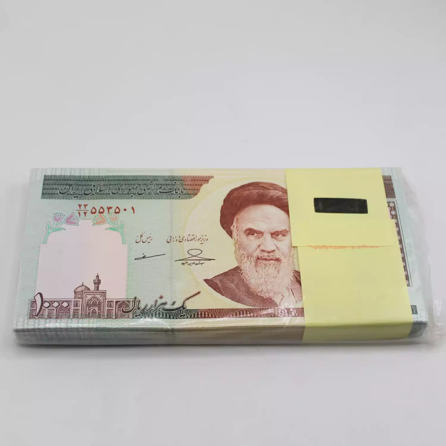 بسته اسکناس 100 تومانی امام جمهوری – نیمه رند و شماره دوقلو – 23/553501