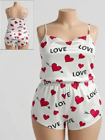 ست تاپ و شورتک ساتن زنانه طرح قلب مدل LOVE | ست خواب ساتن دخترانه مدل ولنتاین