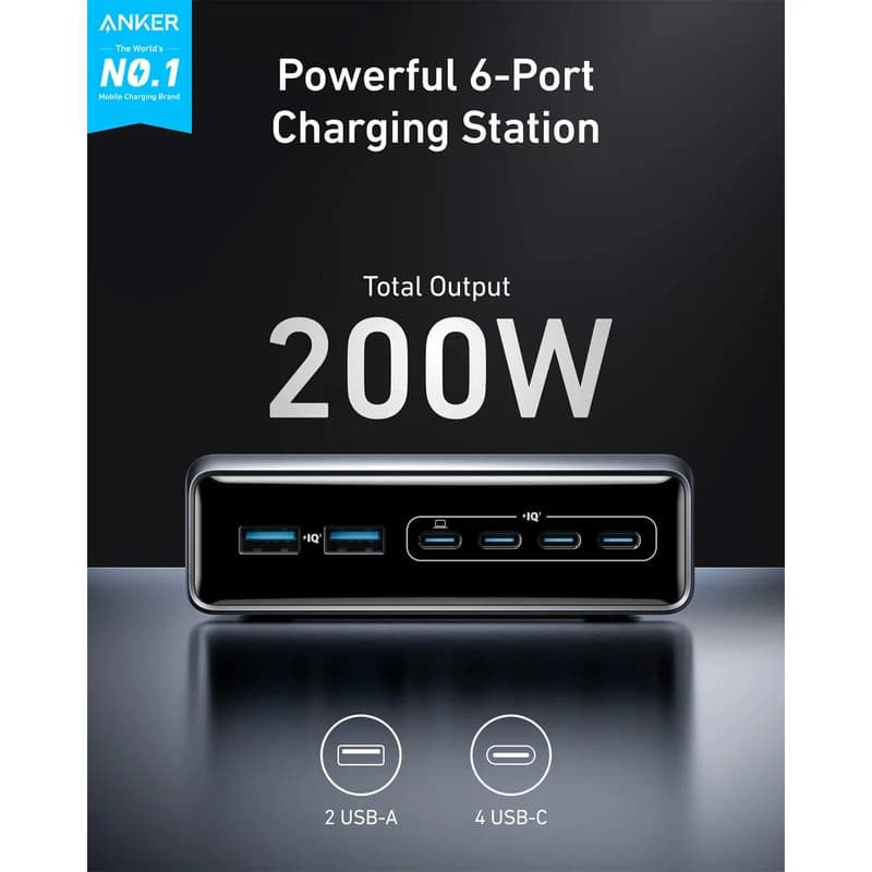 هاب شارژ انکر Prime 200W مدل A2683 | شارژر 6 پورت GaN — تصویر ۵